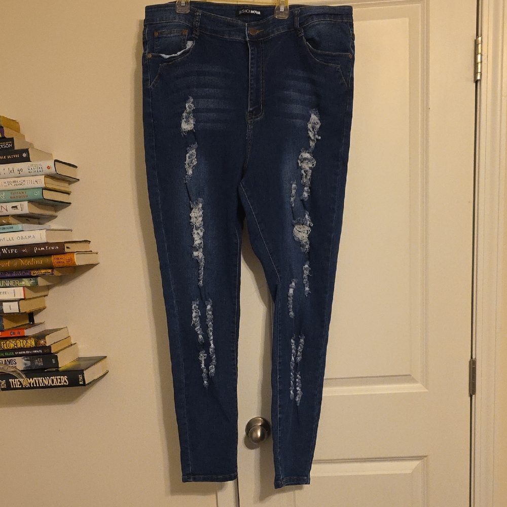 Fashion Nova Dark Blue Distressed Skinny Jeans